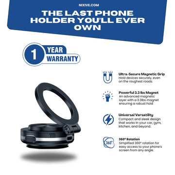 360 Degree Phone Holder with magnetic grip, adjustable rotation, and universal mounting for cars, kitchens, and more.