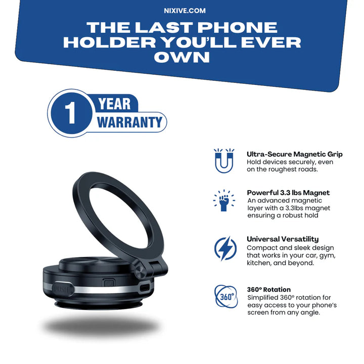 360 Degree Phone Holder with magnetic grip, adjustable rotation, and universal mounting for cars, kitchens, and more.