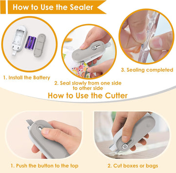 Mini Bag Sealer, 2 in 1 Heat Sealer with Cutter, Bag Sealer Heat Seal with Cutter Portable Resealer Machine for Plastic Bags Food Storage Snacks (Batteries Included)