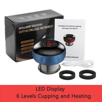 Intelligent Breathing Cupping Massage Instrument with negative pressure cupping, meridian dredging, and fatigue relief. Includes packaging box, instruction manual, USB charging cable, replacement filters, and accessories. Ideal for pain relief and muscle relaxation.