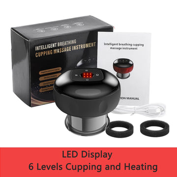 Intelligent Breathing Cupping Massage Instrument with negative pressure cupping, meridian dredging, and fatigue relief. Includes packaging box, instruction manual, USB charging cable, replacement filters, and accessories. Ideal for pain relief and muscle relaxation.